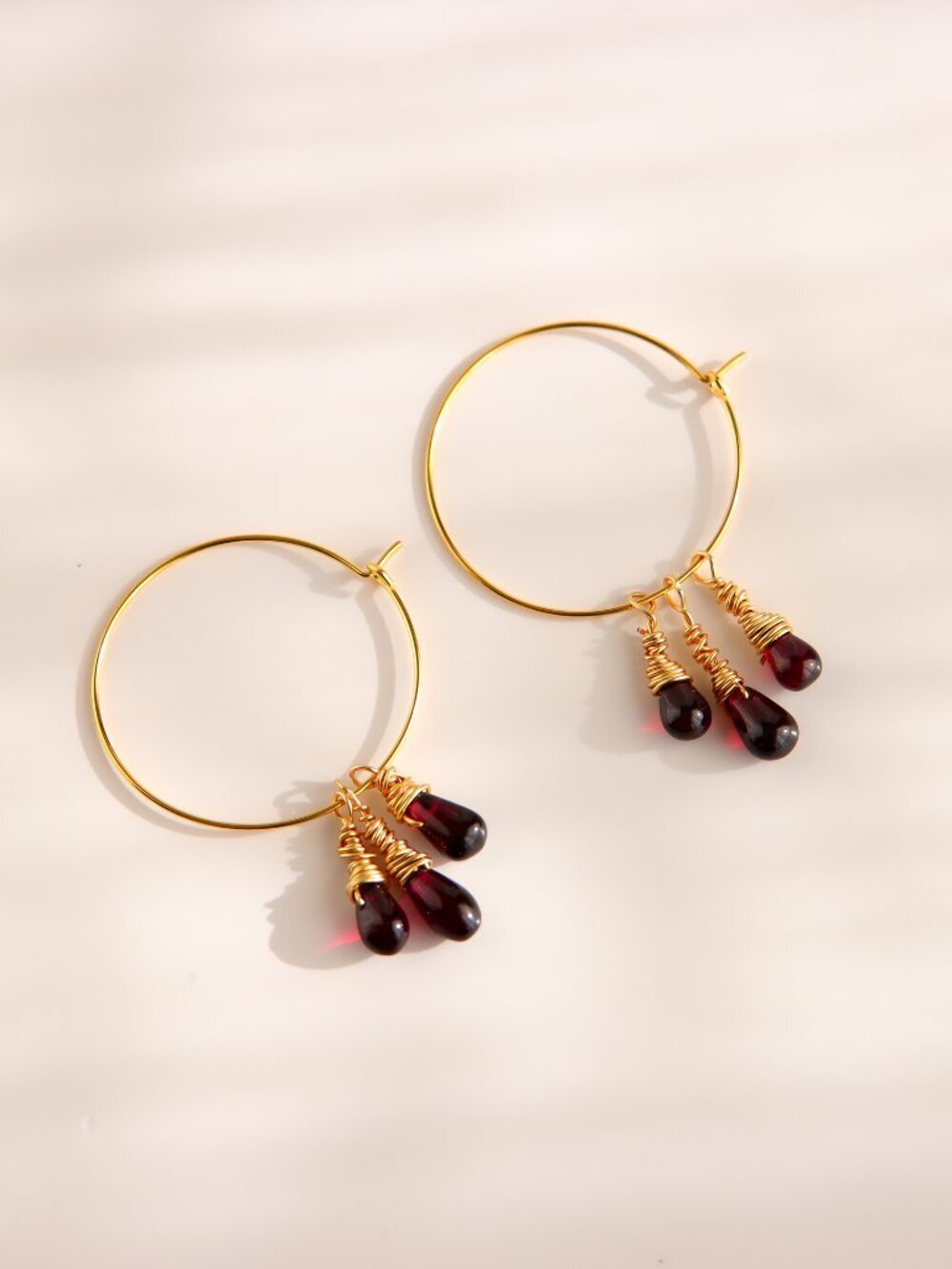 Gold Garnet Hoop Earrings
